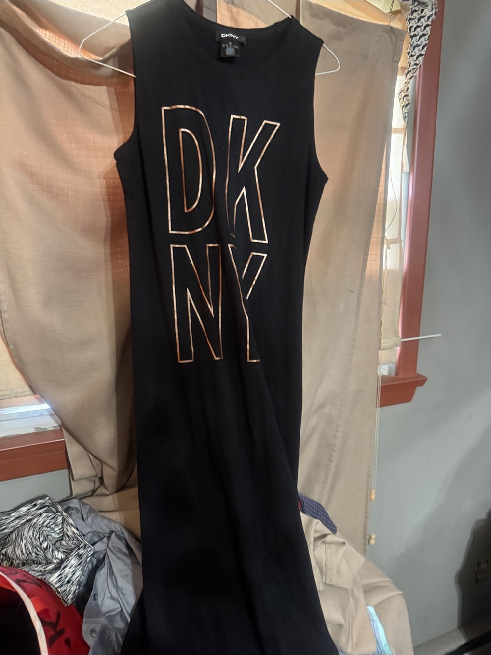 DKNY Black Sleeveless Tank Dress with Metallic Gold Logo